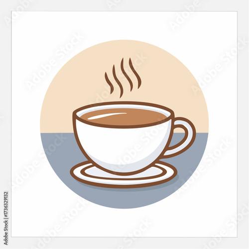 A simple vector illustration of a steaming white cup of hot coffee on a saucer, set against a circular two-tone background.