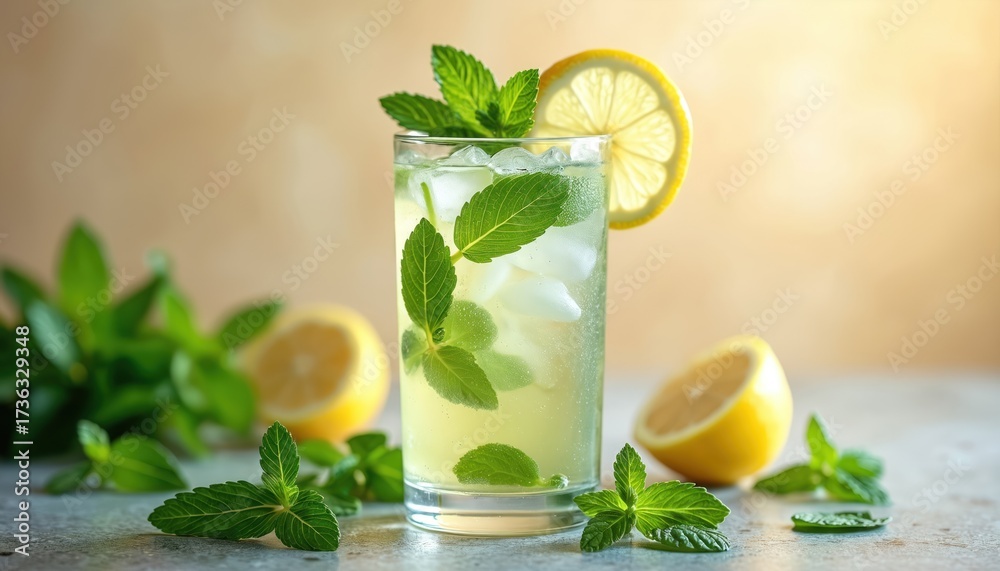 Fototapeta premium Glass of refreshing minty drink with ice, lemon slice and mint leaves on top. Fresh mint leaves scattered around glass on a table. Lemons in the background.