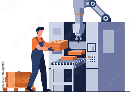 Factory worker loading materials into automated production machine.
