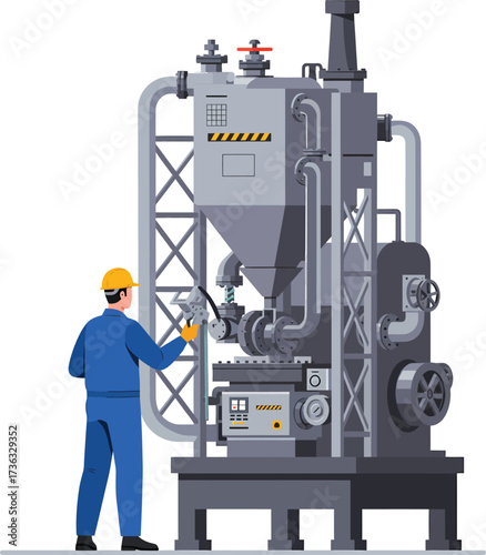 Industrial worker operating complex machinery in a factory setting.