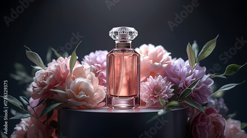 Photorealistic luxury perfume concept with a glass bottle centered on a pedestal, surrounded by blooming pastel flowers and soft green leaves. Elegant cinematic lighting creates a refined, dreamy, and