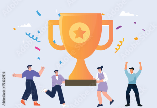 Business Team Success concept. people jumping with joy celebrating success front of a large golden cup. Isolated on background. 