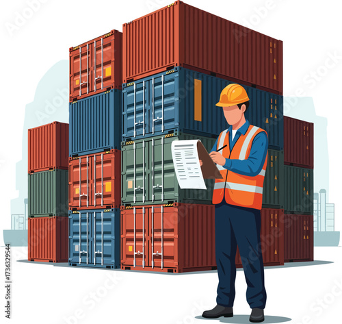 Logistics worker inspecting stacked shipping containers with clipboard.