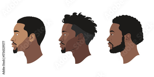 Set of African American men profile with various hairstyles. Vector illustration.Set of Black African American man profile Silhouette in various poses isolated on white background
