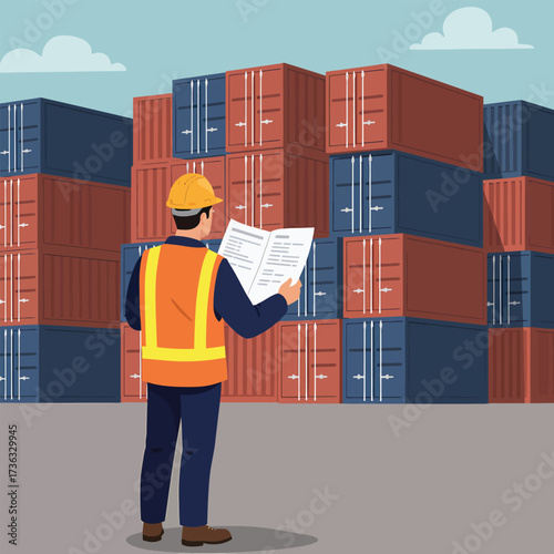 Man in Hard Hat and Vest Reviews Documents Amidst Shipping Containers.