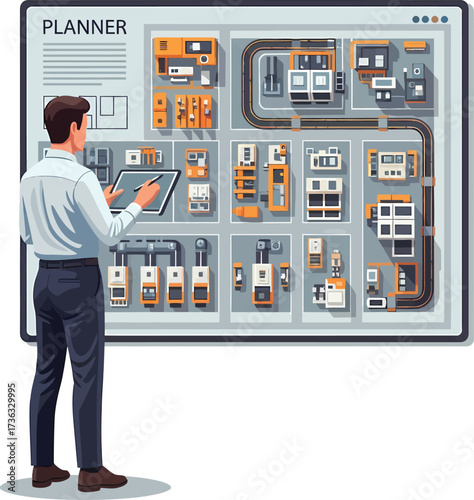 Man Interacting with Digital Planner Displaying Industrial Layout.