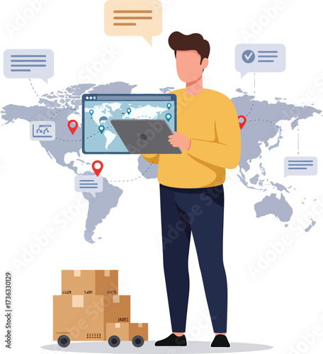 Man managing global logistics with digital map and packages.
