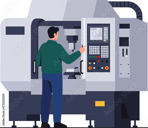 Man operating a modern CNC machining center with digital interface.