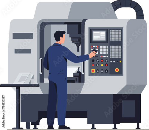 Man operating a modern industrial CNC machine with control panel.