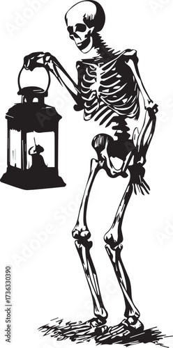 skeleton holding a lantern, isolated on a white background with the text, vintage illustration, full-body shot