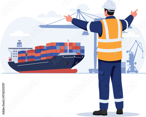 Port worker directing cargo ship with cranes in background.