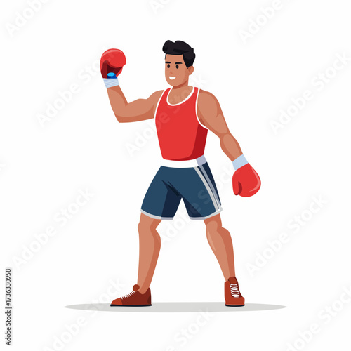 Boxer in Action: A determined boxer, clad in athletic gear, prepares to strike with focused intensity, embodying the spirit of competition in a vibrant illustration.