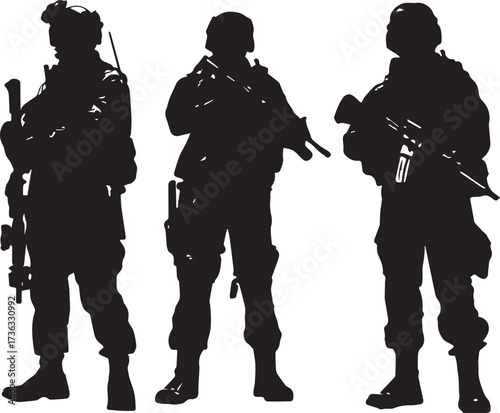 three different black vector silhouettes of special forces soldiers, full-body standing, holding weapons, on a white background