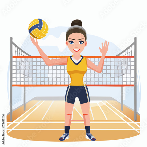 Volleyball Player with ball: A volleyball player stands ready on the court, the blue and yellow ball at the ready, poised for the next play and showing great strength.