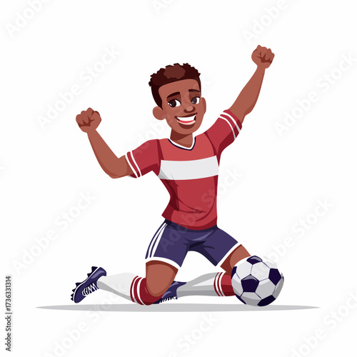 Victory on the Field: A triumphant soccer player celebrates a goal, kneeling beside the ball with arms raised in a gesture of pure joy. Capturing the elation of the moment.