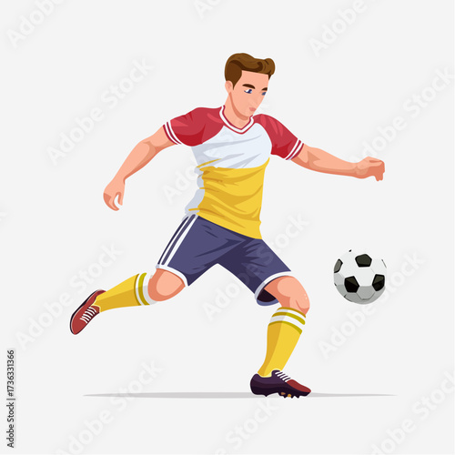 Dynamic Strike: A soccer player, caught mid-kick, embodies the passion and skill of the sport, with vector-perfect lines and a vivid palette, delivering a powerful display of athletic action.