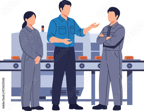 Three factory workers discussing production on a conveyor belt.