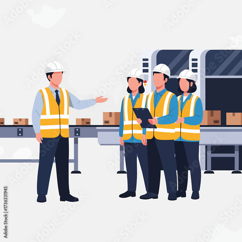Warehouse workers in safety vests and hard hats on a conveyor belt line.