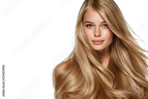Close-up portrait of blonde woman with shiny wavy hair on white background.