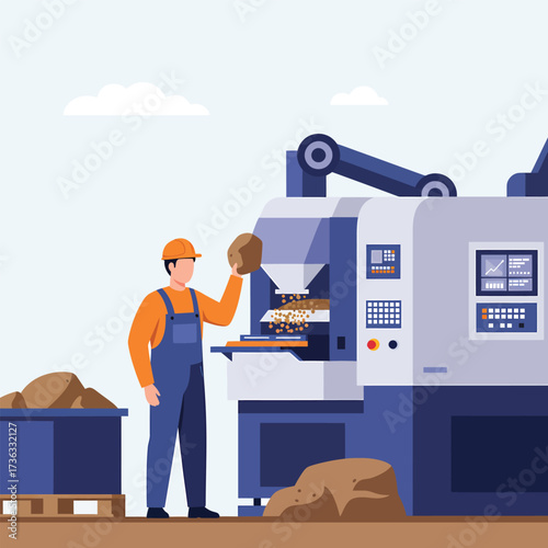 Worker feeding raw material into industrial processing machine.