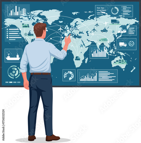 Businessman analyzing global logistics and trade routes on a digital world map display.