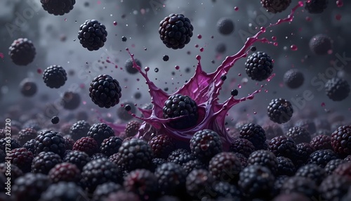 A splash of purple juice bursts amid a plethora of blackberries, some floating