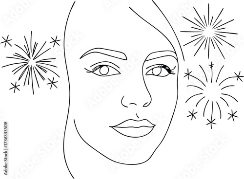 Minimalist Line Art Female Face With Sparkler Fireworks Celebration Continous line drawing
