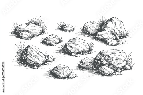 Hand drawn sketch of assorted rocks and grass on white background stone boulder