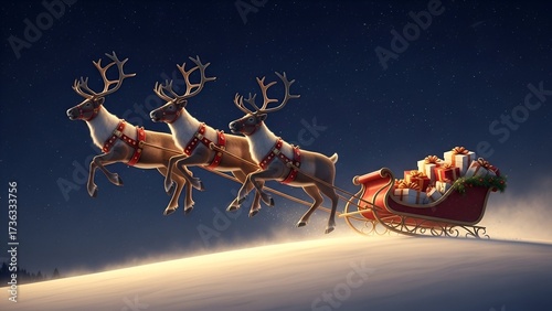 Three reindeer pull a red sleigh filled with gifts across a snowy landscape under a dark blue, starry night sky.