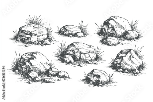 Hand drawn sketch of rocks and grass on white background stone boulder