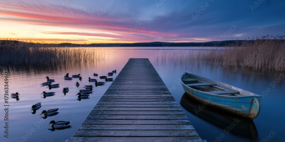 Obraz premium Tranquil Lake Dock at Sunset with Wooden Pier, Canoe, and Ducks in Calm Water, Serene Nature Landscape Photography