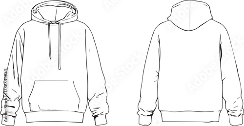 vector flat illustration of a white hoodie, front and back views, with long sleeves, in a line art style, on a white background