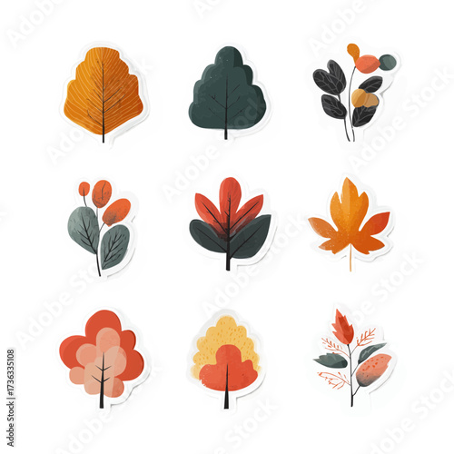 Pack of fall foliage stickers in flat vector illustration. Minimal clean style autumn leaves isolated on white background.