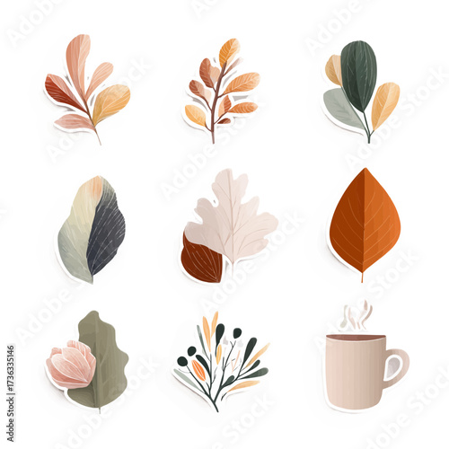 Pack of fall foliage stickers in flat vector illustration. Minimal clean style autumn leaves isolated on white background.