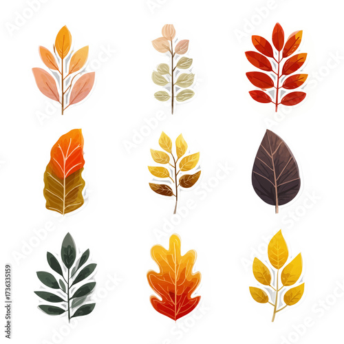 Pack of fall foliage stickers in flat vector illustration. Minimal clean style autumn leaves isolated on white background.