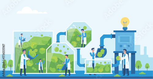 Renewable Bioenergy and Algae Cultivation Vector Illustration. Wide Landscape Scientists Harvesting Biomass