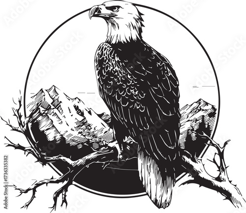 vector graphic of an eagle perched on a branch, with thorns and mountains in the background, a simple design, vector graphics, on a white background