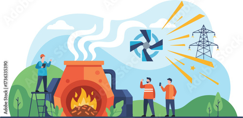 Renewable Biomass Energy Generation Vector Illustration. Wide Landscape Engineers Burning Sustainable Fuel.