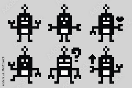 Set collection cartoon pixel art of humanoid robot or ai learning skill robotic automation chat bot robots business vector character technology background 8 bit art.