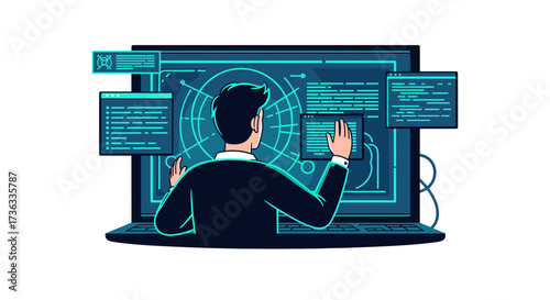 Man working on computer with multiple screens software developer data analysis cybersecurity professional it