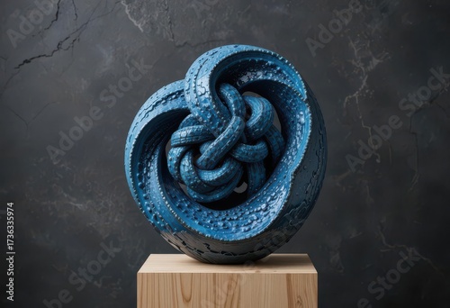 Celestial Knot  Interwoven Ceramic Art, Electric Blue Shades, Contemporary Design, Light Wood Pedestal