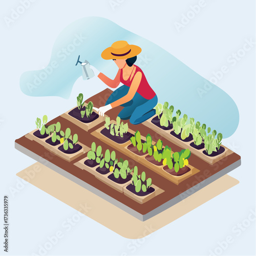A woman in a straw hat, kneels in a raised garden bed, watering plants with a watering can, a sunny outdoor scene from above