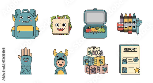 Back to school monster theme A cute monster backpack with lunchbox blocks crayons and report perfect for elementary education designs.