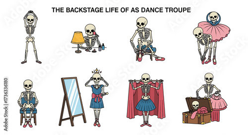 backstage life of dance troupe skeletons preparing in dressing room for performance putting on makeup tutu shoes humorously capturing preparations