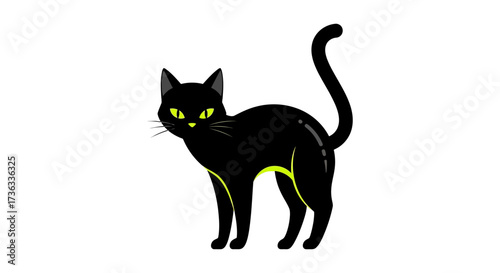 black cat with glowing eyes a spooky halloween feline with curved tail and glossy fur against white perfect for halloween designs and graphic arts.