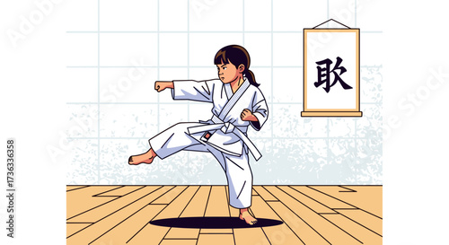 Young girl practicing karate martial arts in a dojo with traditional japanese scroll art displayed