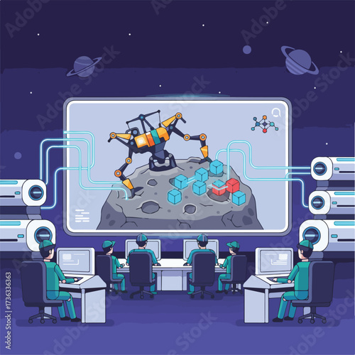 Space Mining Asteroid Resource Acquisition Vector Illustration. Wide Landscape Scientists Managing Remote Operation