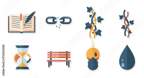 book with quill pen broken chain ivy vines hourglass bench teardrop icons for education relationships time and solitude illustration