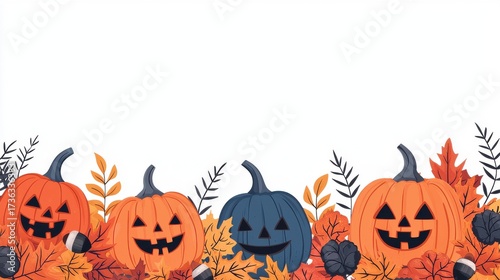 Cute Halloween Pumpkins Surrounded by Colorful Autumn Leaves