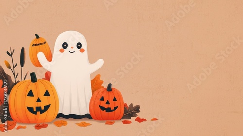 Cute Ghost Surrounded by Pumpkins and Autumn Leaves for Fall Decor